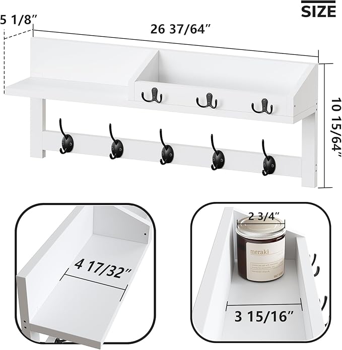 AMBIRD Wall Hooks with Shelf, 26.57 Inch Entryway Wood Coat Hooks - Image 6