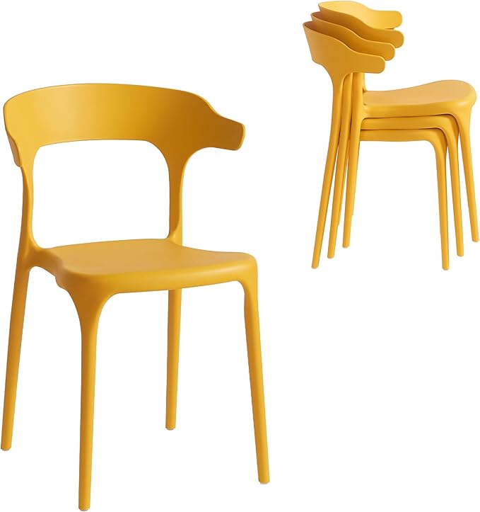 Modern Stackable Dining Chair Set, No Assembly, Plastic Chair, Patio Chair, Suitable for Indoor and Outdoor Cafes and Restaurants, Set of 4 (Mustard Yellow) by XDECO