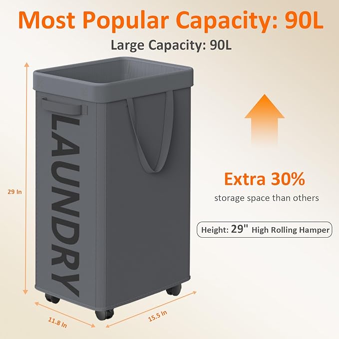 Laundry Basket with Wheels, 90L Rolling Laundry Hamper with Wheels, Large - Image 3