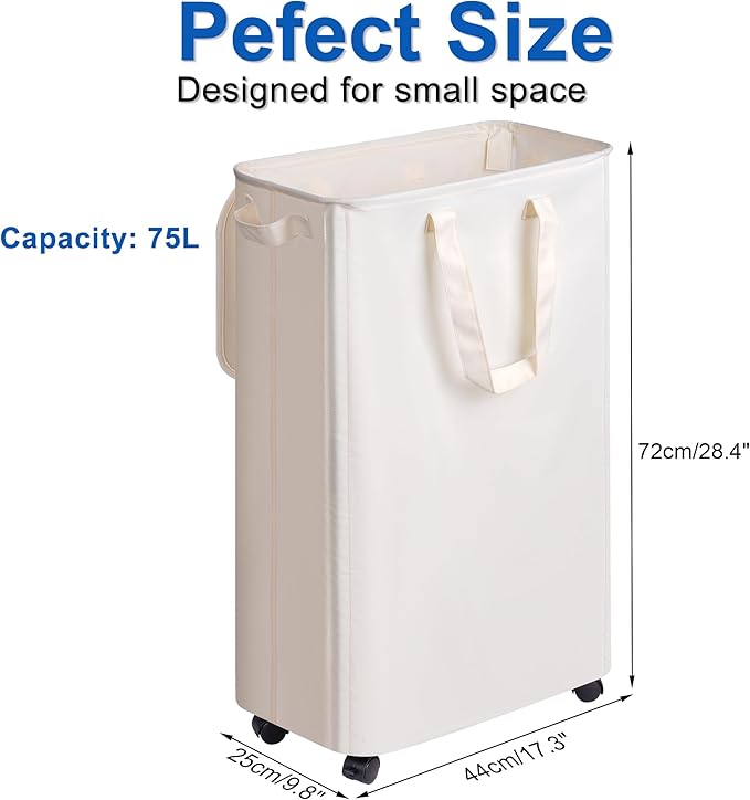 Slim Laundry Hamper with Lid and Wheels, Small Rolling Laundry Basket with - Image 5