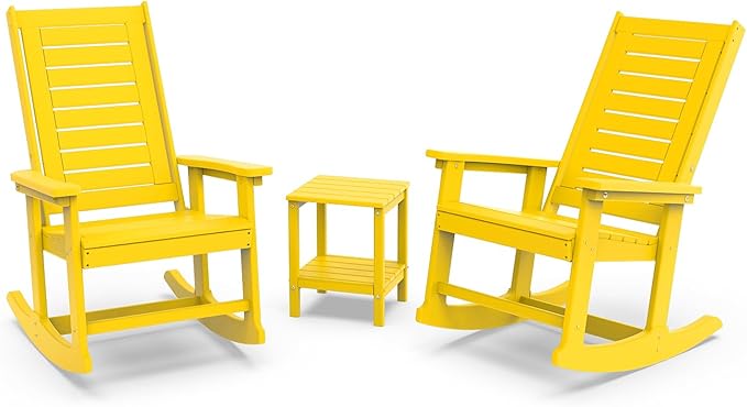 GREENVINES Outdoor Rocking Chair Set | 3-Piece | 2 Rocking Chairs with 1 Side Table | Porch Rocker | HDPE Plastic | Yellow | Patio Furniture Sets | High Back | Big & Tall | Ladder Back by GreenVines