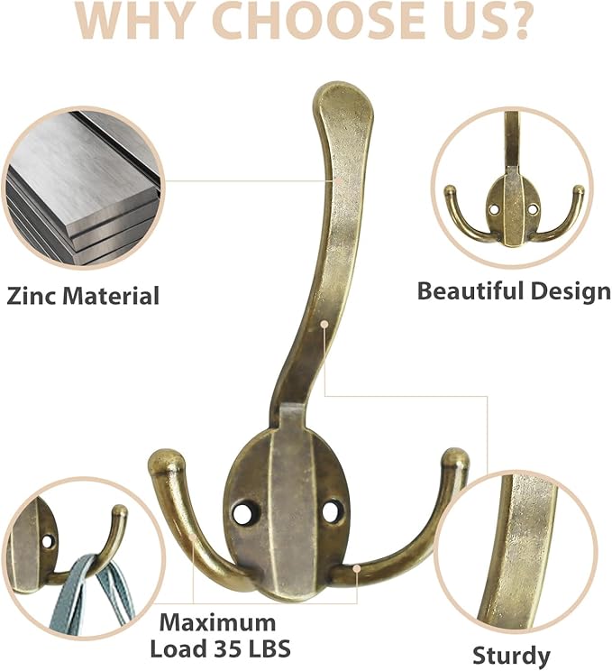 8 Pack Coat Hooks Heavy Duty, Metal Three Prongs Large Coat Hooks Wall Mounted - Image 3