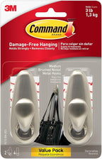 Command Medium Brushed Nickel Hooks, 2 Wall Hook and 4 Strips, Damage-Free by Command