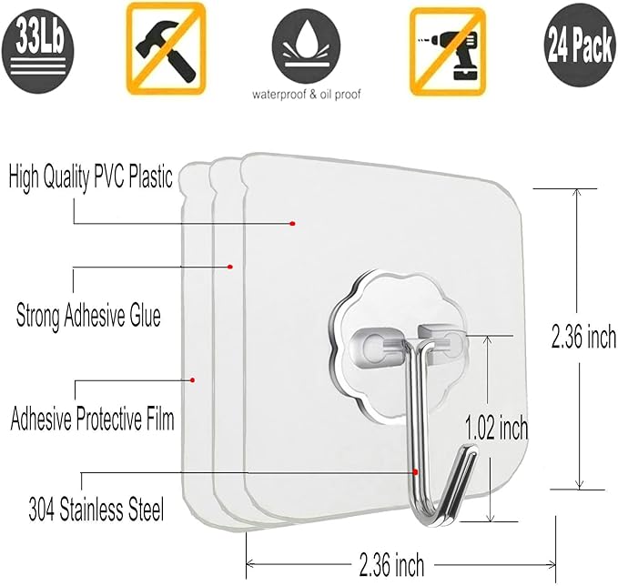 12 Pack Heavy Duty Self Adhesive Hooks - 33lb Max - Image 2