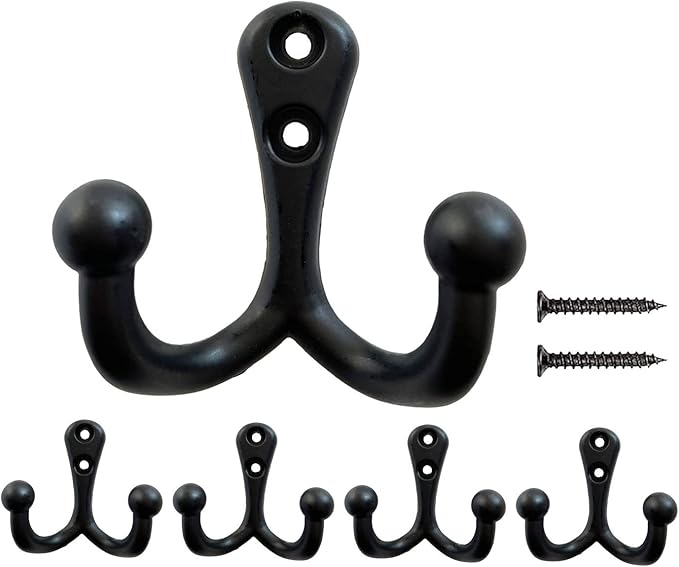 5 Pack Coat Hooks Wall Mounted Black Rustic Jacket Hooks Heavy Duty Double by Mokife