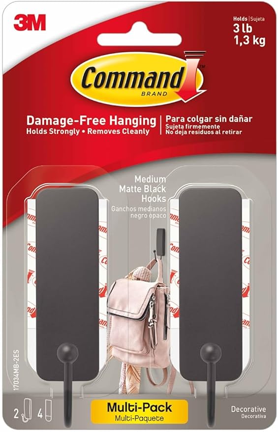 Command Medium Matte Black Wall Hook, 2 Coat Hooks and 4 Strips, Damage-Free by Command