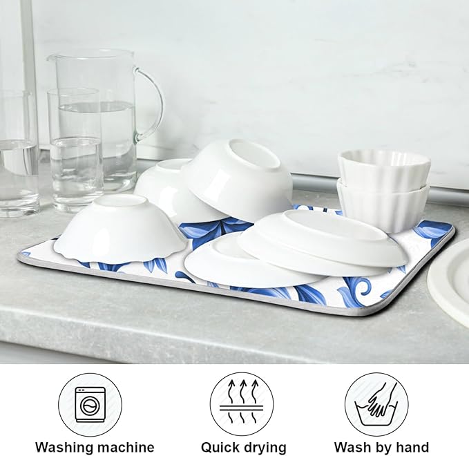 Tarity Blue Flowers White Dish Drying Mat - Image 7