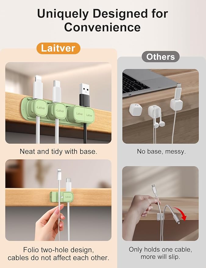 6 Pack Magnetic Cable Clips, Laitver Cord Organizer Holder Strong Adhesive Desk - Image 3