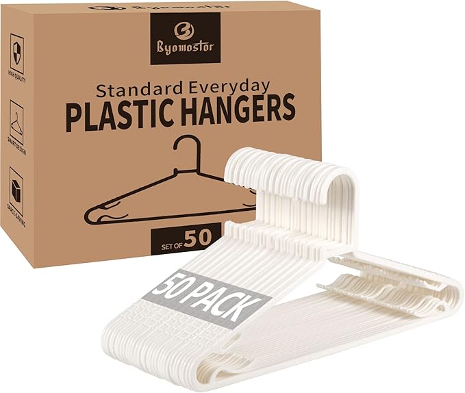 Plastic White Hangers 50 Pack, Light Weight Durable Clothes Hangers G-Shape by Byomostor