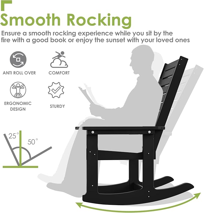 GREENVINES Outdoor Rocking Chairs | Set of 2 | Porch Rocker | HDPE Plastic | Black | Oversized Rockers | High Back | Big & Tall | Ladder Back | for Patio Outside Backyard Balcony - Image 4