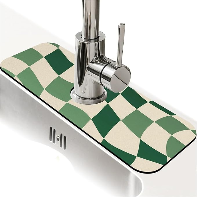 Kitchen Sink Splash Guard，Green-and cream checkered Faucet Mat Sink by ZHUZHISHAN