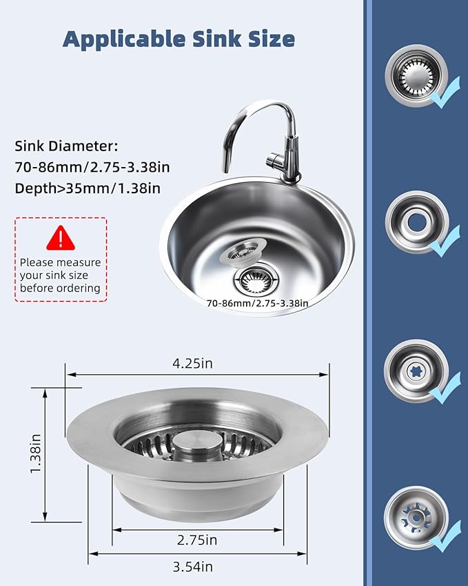 Hygie Rinse 3-in-1 Kitchen Sink Strainer Stopper Combo All Metal Stainless Pop - Image 5