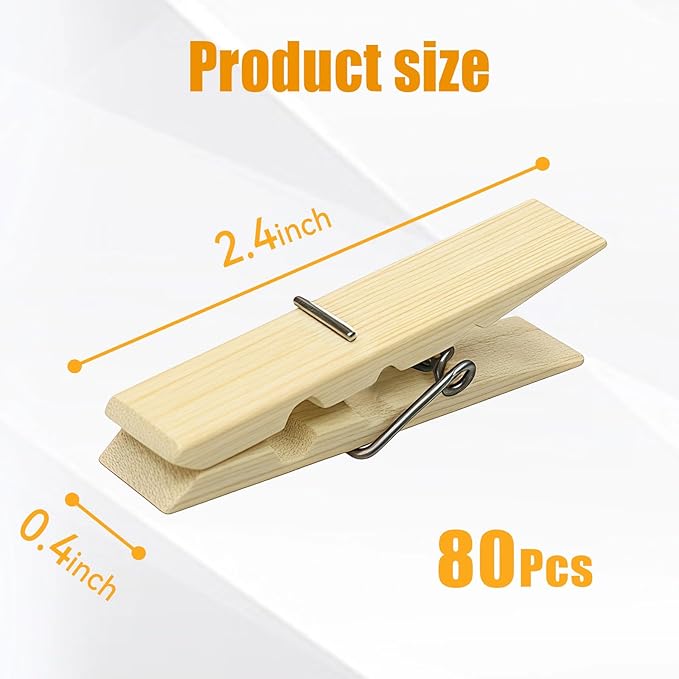 Natural Bamboo Clothespins 80-Pack Wooden Clothes Pins - Image 3