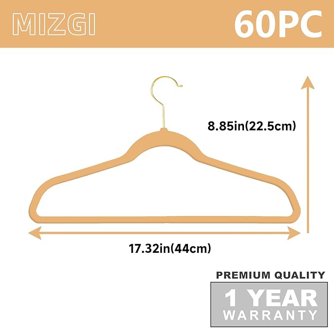 MIZGI Camel Velvet Hangers 60 Pack, Premium Gold Clothes Hangers Non-Slip Felt - Image 6