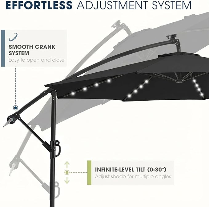 wikiwiki 10ft Solar LED Patio Umbrella with Base Included, Offset Umbrella with Weighted Sandbag Base, Cantilever Patio Umbrellas for Backyard, Garden & Deck, 32 LED Lights & Polyester Shade, Black - Image 6