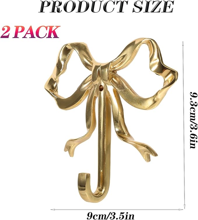 2-Pack Gold Bow Wall Hooks Gold Brass Coat Hook Home Decorative Hook Bow-Knot - Image 2