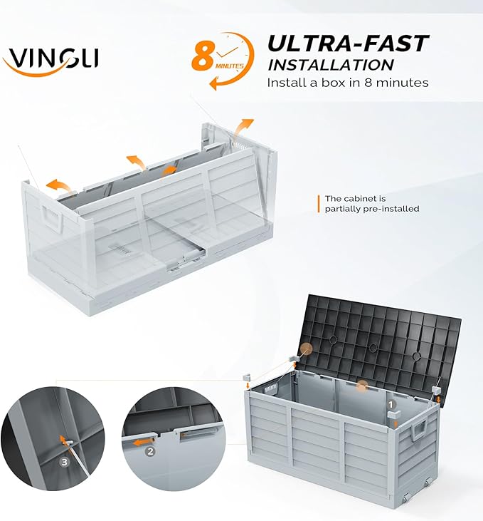 VINGLI 75 Gallon Collapsible Outdoor Storage Box, Simple-to-assemble Plastic Storage Containers with Lid, Patio Deck Box Furniture for Garden, Pool, Balcony, Yard (Black) - Image 2