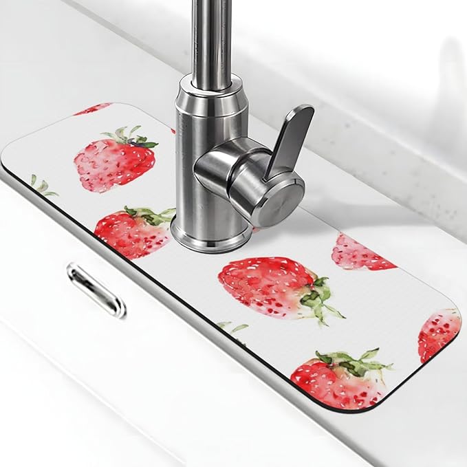 Faucet Draining Mat For Kitchen Sink, Watercolor Strawberries Diatom Mud by indokyeyqaz
