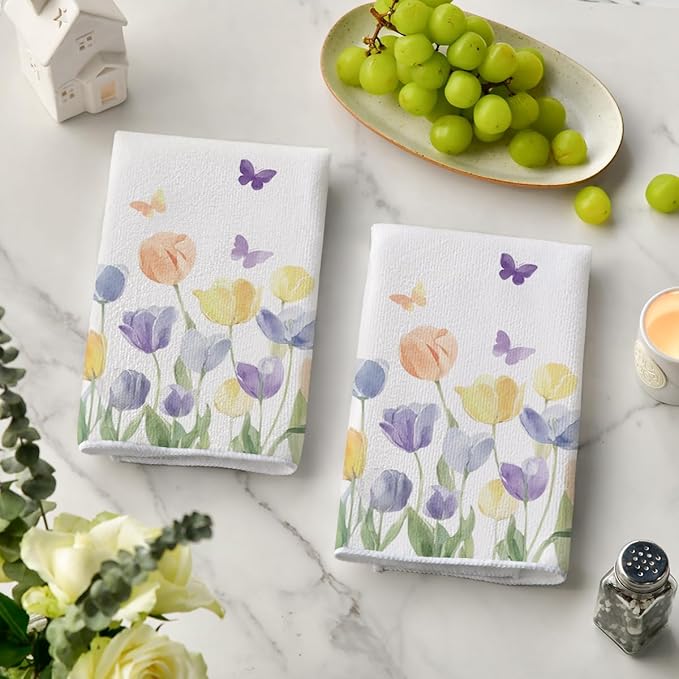Artoid Mode Tulip Butterfly Floral Spring Kitchen Towels Dish Towels, 18x26 - Image 3