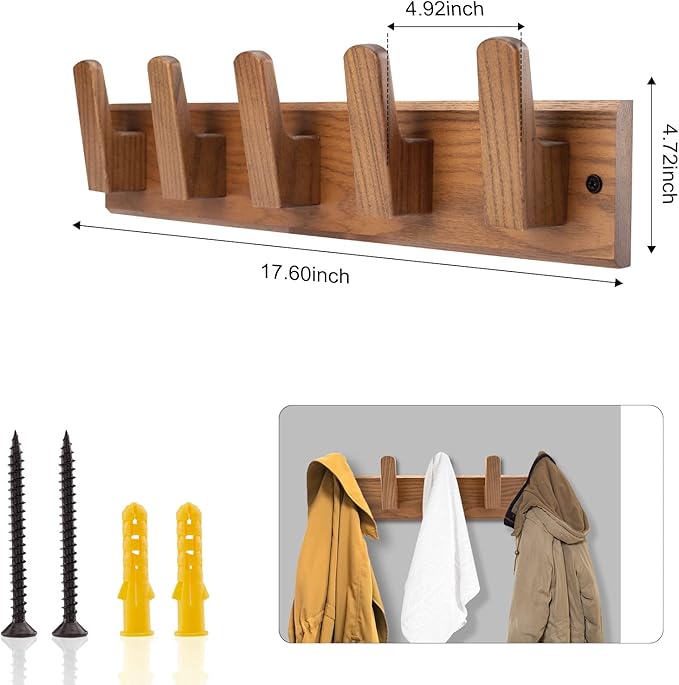 Wood Coat Rack Wall Mount with 5 Hooks, Natural Wall Coat Hook - Image 2