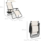Best Choice Products Folding Zero Gravity Outdoor Recliner Patio Lounge Chair w/Adjustable Canopy Shade, Headrest, Side Accessory Tray, Textilene Mesh - Ivory - Image 3