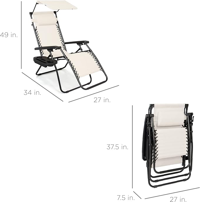 Best Choice Products Folding Zero Gravity Outdoor Recliner Patio Lounge Chair w/Adjustable Canopy Shade, Headrest, Side Accessory Tray, Textilene Mesh - Ivory - Image 3