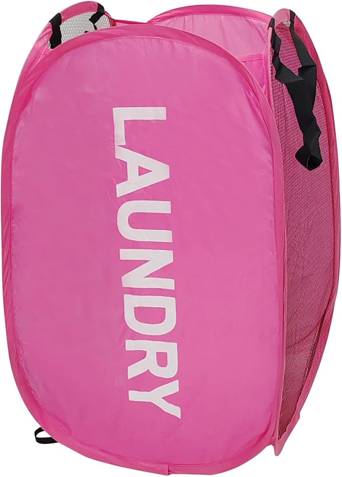 Pop Up Laundry Hamper Collapsible Laundry Basket Mesh Foldable Pink Dirty by Aplter