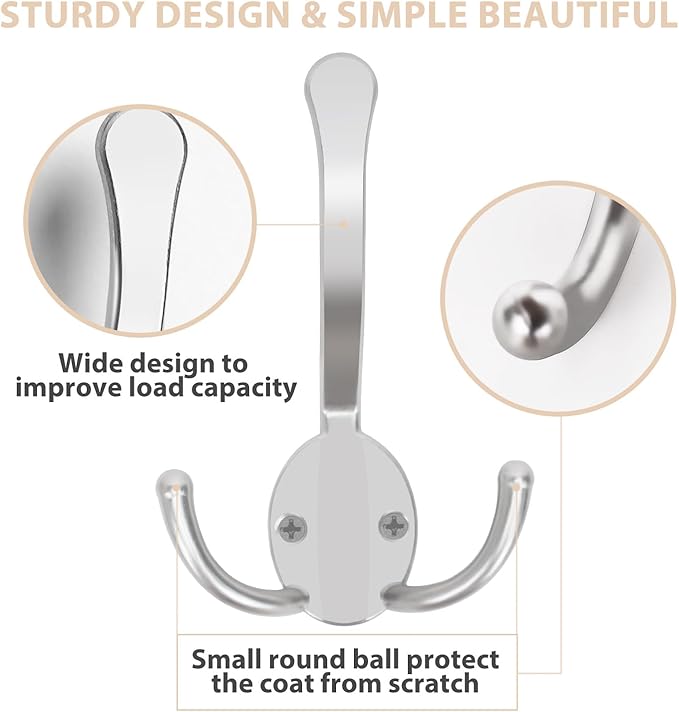 8 Pack Coat Hooks Heavy Duty, Metal Three Prongs Large Coat Hooks Wall Mounted - Image 4