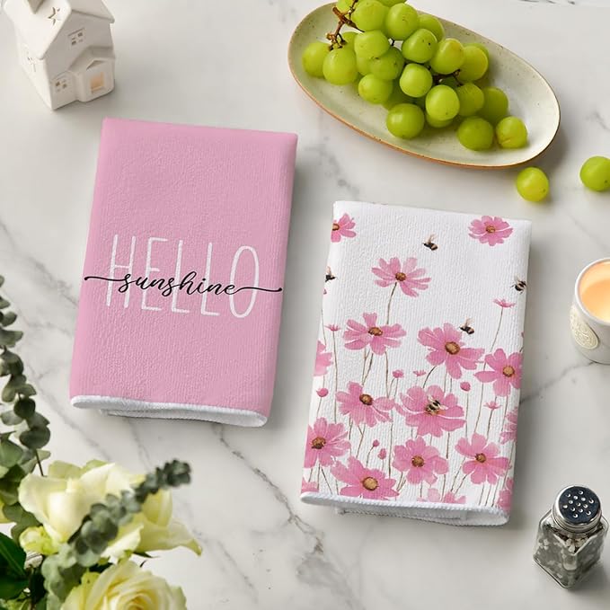 Artoid Mode Pink Flowers Bee Hello Sunshine Spring Kitchen Towels Dish Towels - Image 3