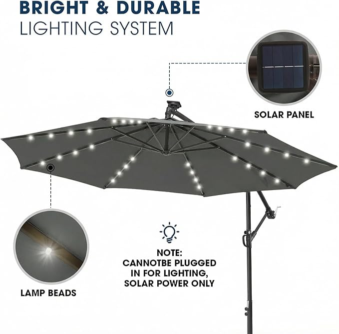 wikiwiki 10ft Solar LED Patio Umbrella with Base Included, Offset Umbrella with Weighted Sandbag Base, Cantilever Patio Umbrella for Backyard, Garden & Deck, 32 LED Lights & Polyester Shade, Dark Gray - Image 3