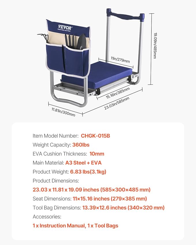 VEVOR Large Folding Garden Kneeler and Seat Heavy Duty, Widened 10" EVA Foam Pad, Portable Garden Stool with Tool Bags, Gardening Bench to Relieve Knee & Back Pain, Gifts for Seniors, Women, Parents - Image 3