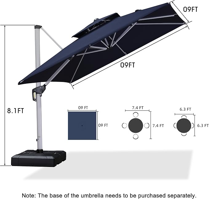 PURPLE LEAF 9ft Patio Umbrella Outdoor Square Umbrella Large Cantilever Umbrella Windproof Offset Heavy Duty Sun for Garden Deck Pool Patio, Navy Blue - Image 8