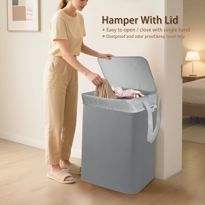 Foldable Laundry Hamper with Lid & Laundry Bag with Drawstring, Portable - Image 5