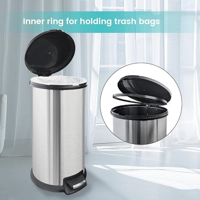 10 Gallon Stainless Steel Trash Can – Round Tall Design, Hands-Free Pedal - Image 4