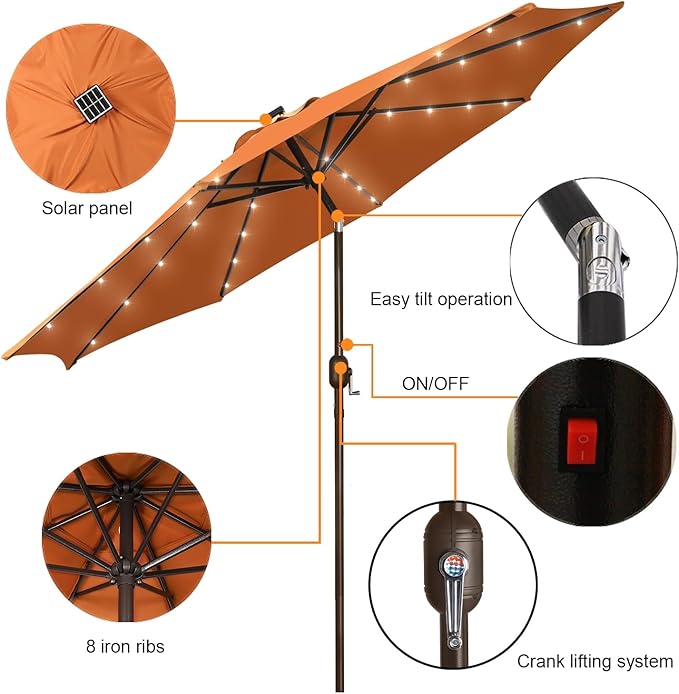 Blissun 9 ft Solar Umbrella with 32 LED Lights for Garden, Deck, Backyard (Rust) - Image 2