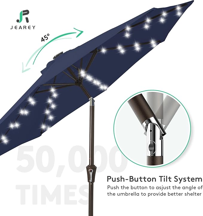 JEAREY 9FT Outdoor Patio Umbrella with Solar Lights, LED Lighted Pool Umbrella with Tilt and Crank, Outdoor Table Umbrellas for Deck, Yard & Market (9ft, Navy Blue) - Image 4