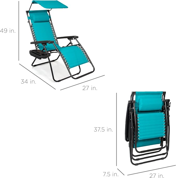 Best Choice Products Folding Zero Gravity Outdoor Recliner Patio Lounge Chair w/Adjustable Canopy Shade, Headrest, Side Accessory Tray, Textilene Mesh - Peacock Blue - Image 3