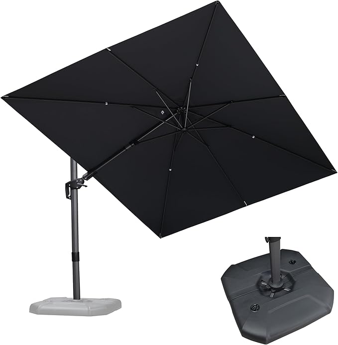 PURPLE LEAF 9' X 12' Right-left Tilt Patio Umbrella with Base Outdoor Cantilever Swivel Rectangle Umbrella Aluminum Offset Umbrella with 360-degree Rotation for Garden Deck Pool Patio Grey by PURPLELEAF