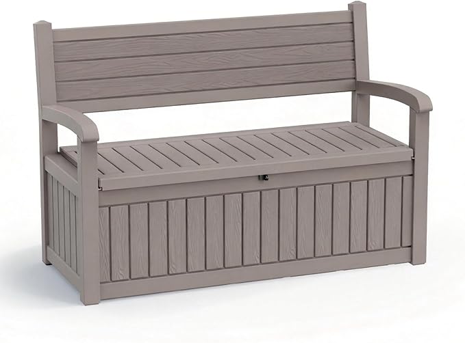 EasyUp 80 Gallon Wood Grain Style Outdoor Storage Bench, Waterproof and Lockable Deck Box Outdoor Storage Furniture for Patio,Garden,and Porch – Perfect for Storing Garden Tools and Cushions(Gray) by EASYUP