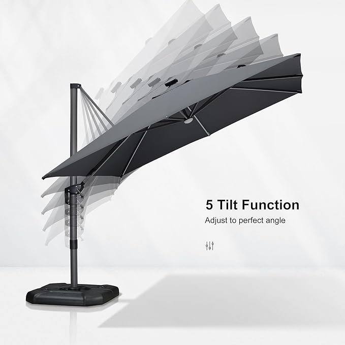 PURPLE LEAF 10 Feet Patio Umbrella with Base Outdoor Cantilever Solar Powered LED Square Umbrella Aluminum Offset Umbrella with 360-degree Rotation for Garden Deck Pool Patio Light Grey - Image 6