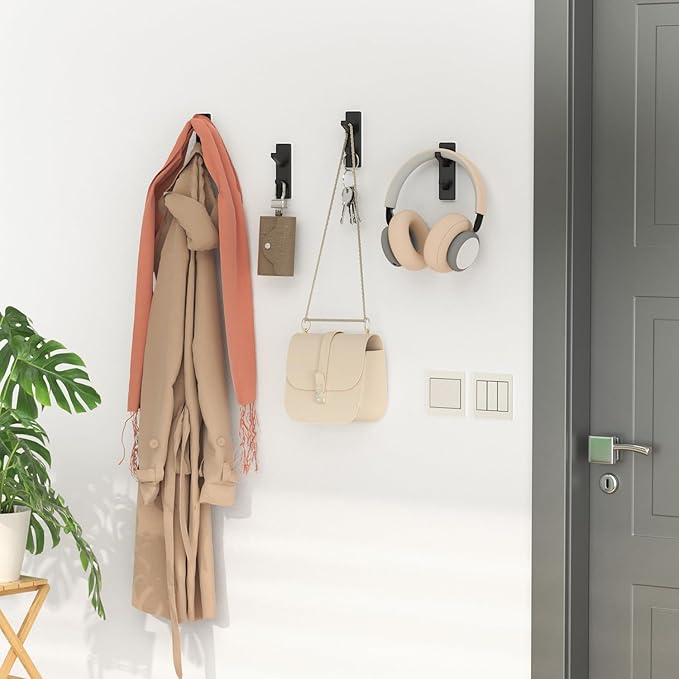 Black 6 Pack Aluminum Coat Hooks, Heavy Duty Self Adhesive Hooks - Image 2