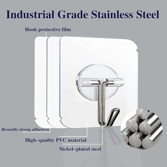 100 Pack Adhesive Hooks Wall Hooks 24lb Heavy Duty Self Adhesive Hooks - Image 3