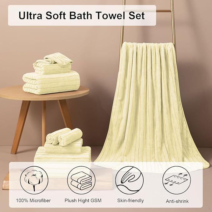 4 Pcs Light Yellow Cabana Stripe Large Bath Towels 35"x70" Oversized Bath Sheet - Image 2