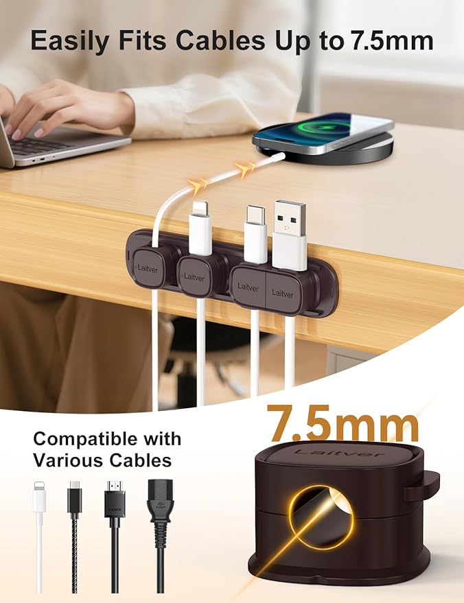 6 Pack Magnetic Cable Clips, Laitver Cord Organizer Holder Strong Adhesive Desk - Image 7
