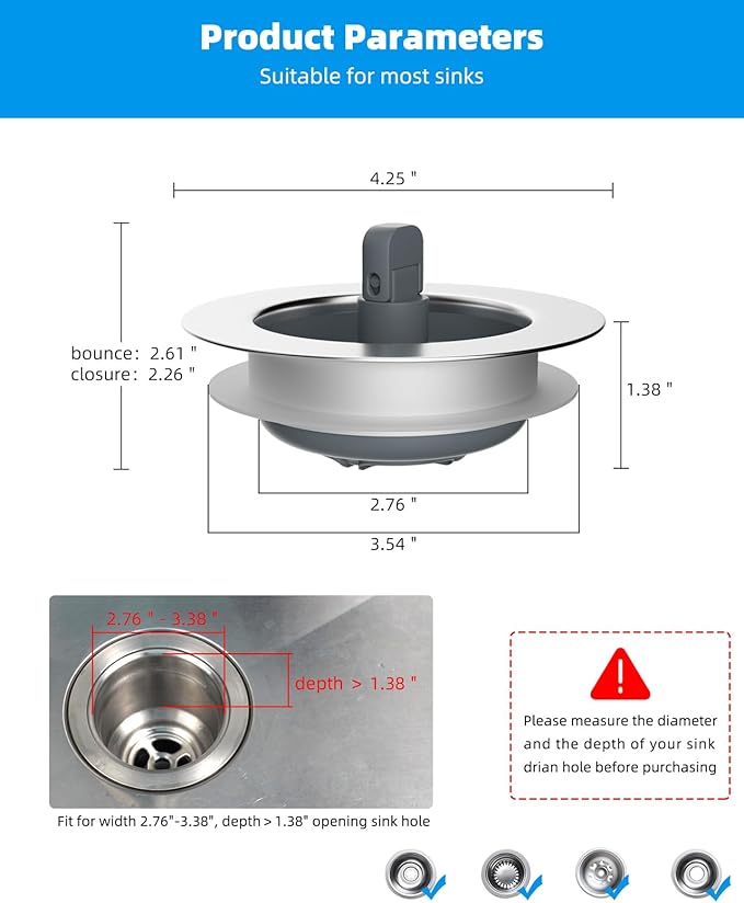 Hibbent 2 Pack 3 in 1 Kitchen Sink Drain Strainer and Stopper Combo, Chrome - Image 7