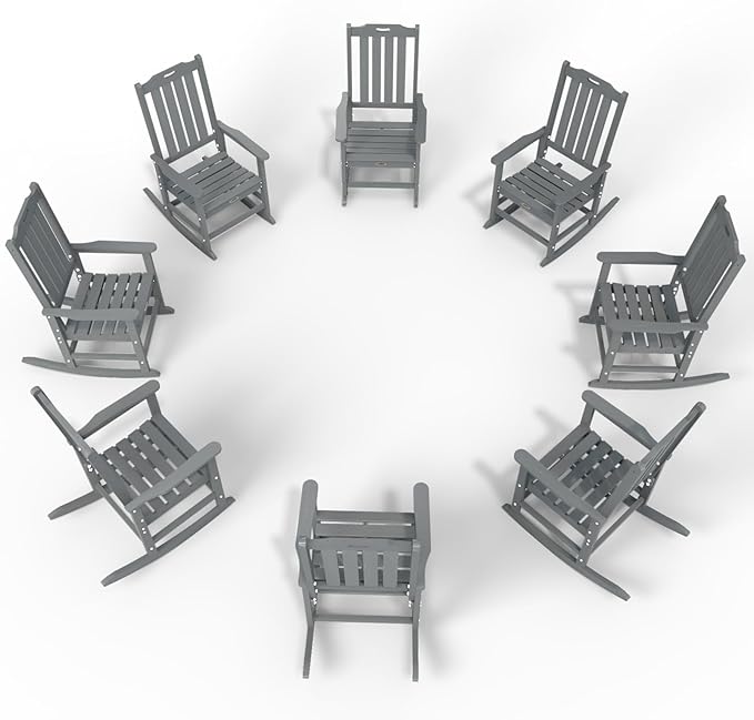 Oversized Rocking Chair Set of 8, Outdoor Rocking Chair for Adults, All Weather Resistant Porch Rocker for Lawn Garden, Grey by THOEOE