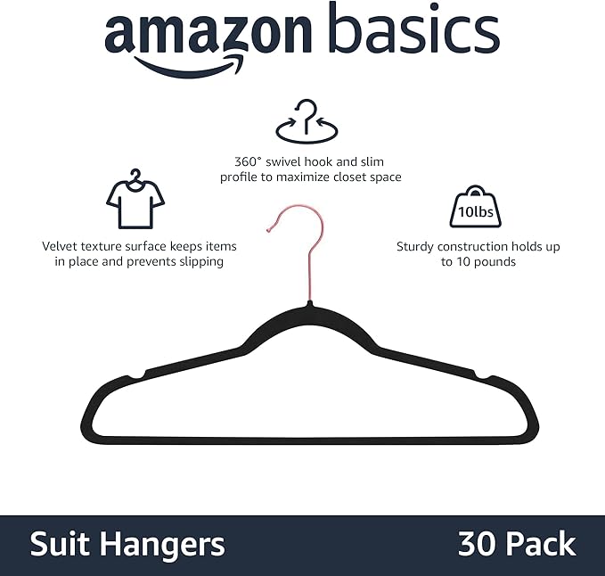 Amazon Basics Slim Velvet Non-Slip Space Saving Sturdy Suit Clothes Hangers - Image 2