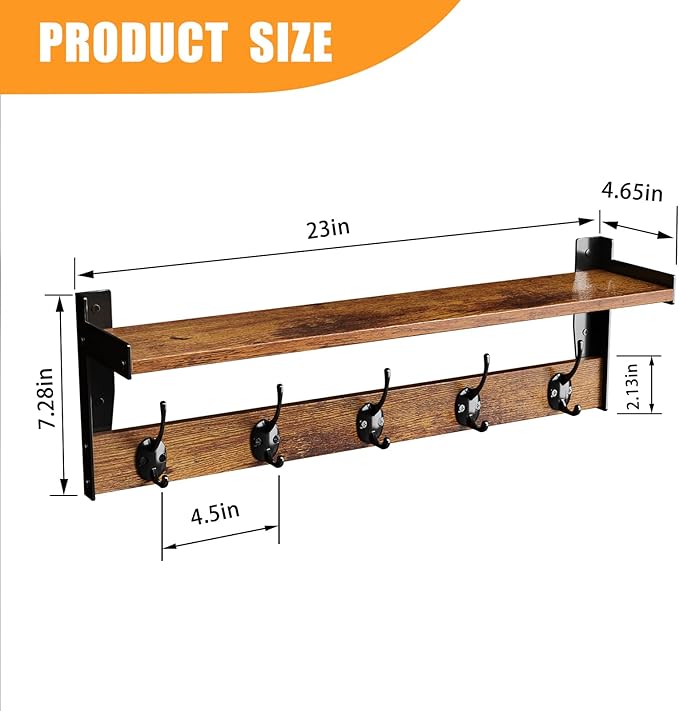 Coat Rack with Wall Mount, 23 Inch Long Entryway Wall Shelf with Hooks - Image 4