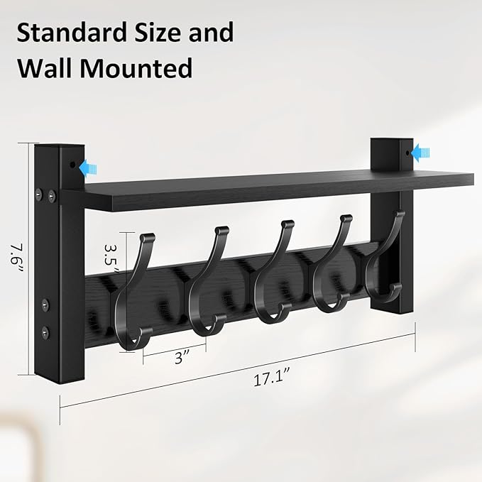 Coat Rack Wall Mount with Shelf, 17.1 Inch Coat Hanger Walls Mounted, Hat Rack - Image 7