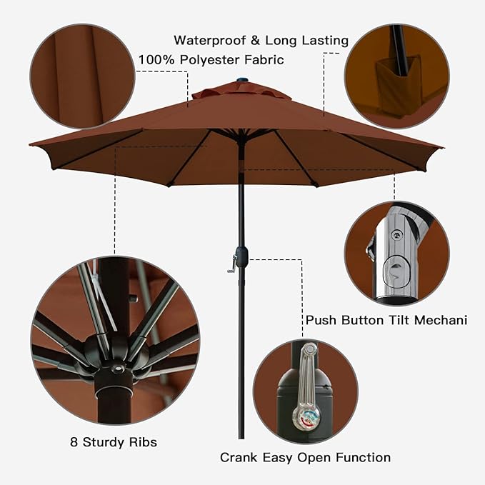 Sunnyglade 9' Patio Umbrella Outdoor Table Umbrella with 8 Sturdy Ribs（Brown） - Image 2